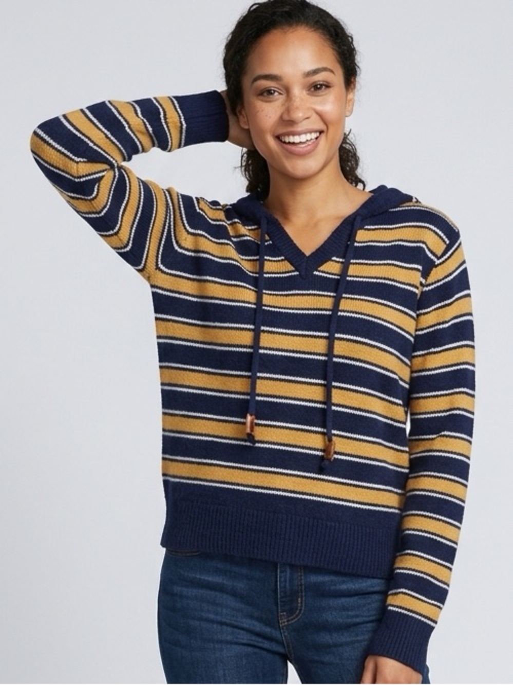 MIOU MUSE Striped Hooded Sweater in Blue & Yellow Size Medium